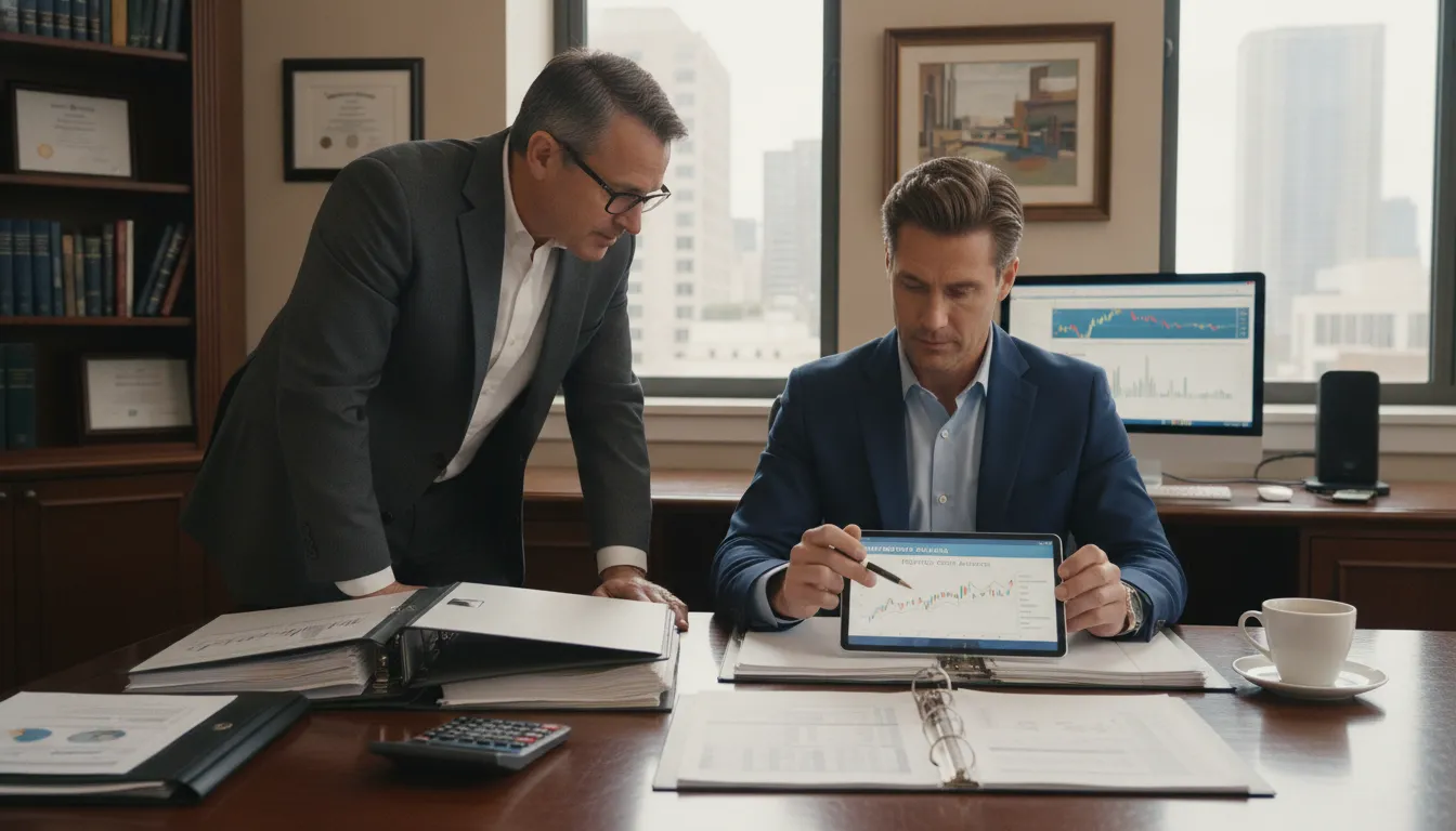 Real estate investor analyzing portfolio financial statements and forecast documents