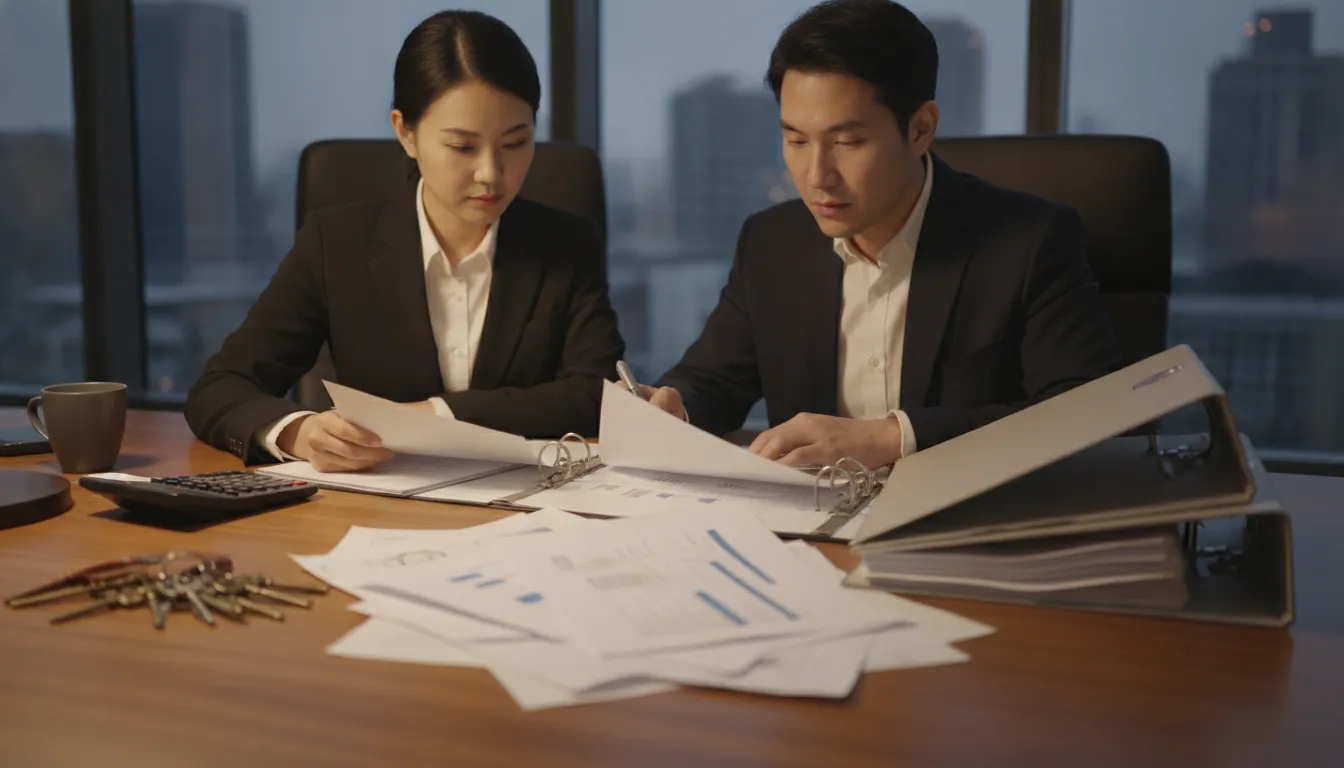 Investor and accountant reviewing cash-out refinance rental property accounting records