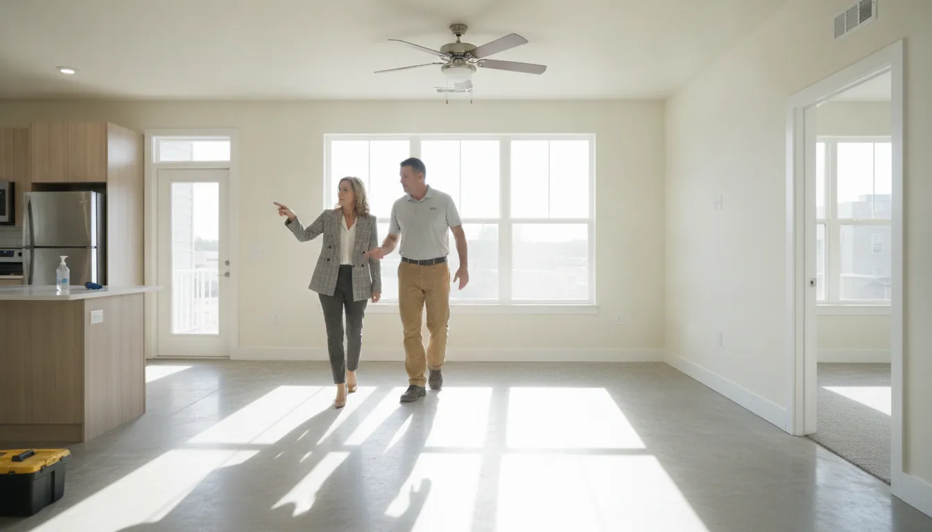 Property owner walking through a renovated rental unit with a contractor to assess repair and improvement work