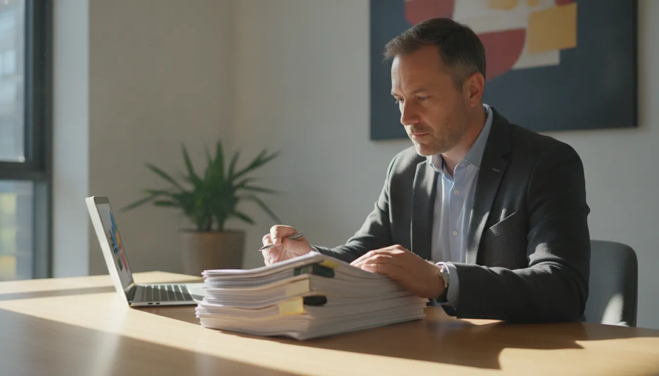 Real estate investor reviewing property-level financial reports next to a laptop