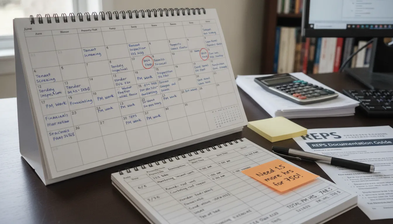 Real estate investor time log and calendar tracking property management hours for REPS documentation
