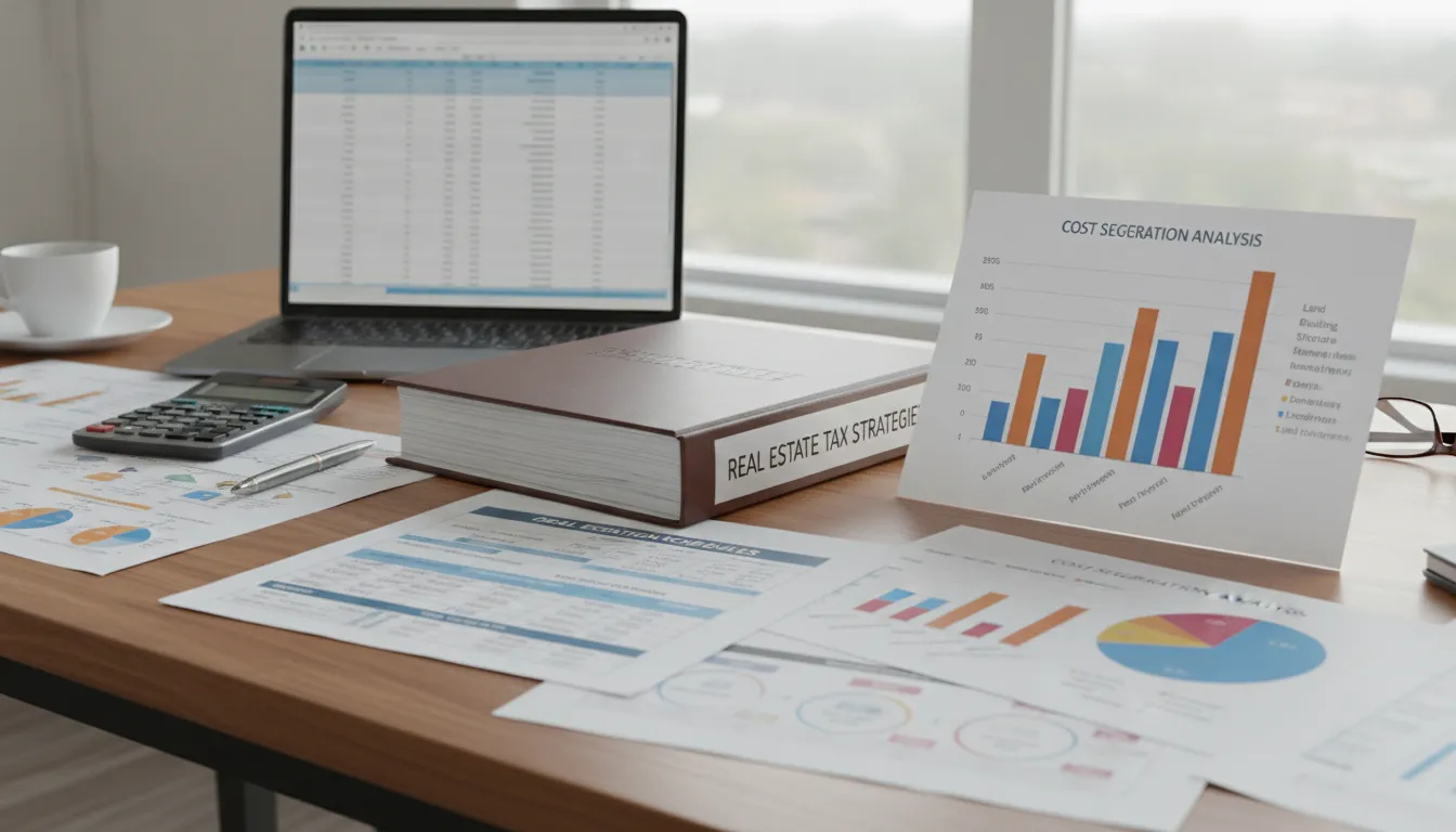 Real estate tax planning documents and cost segregation analysis charts on a desk
