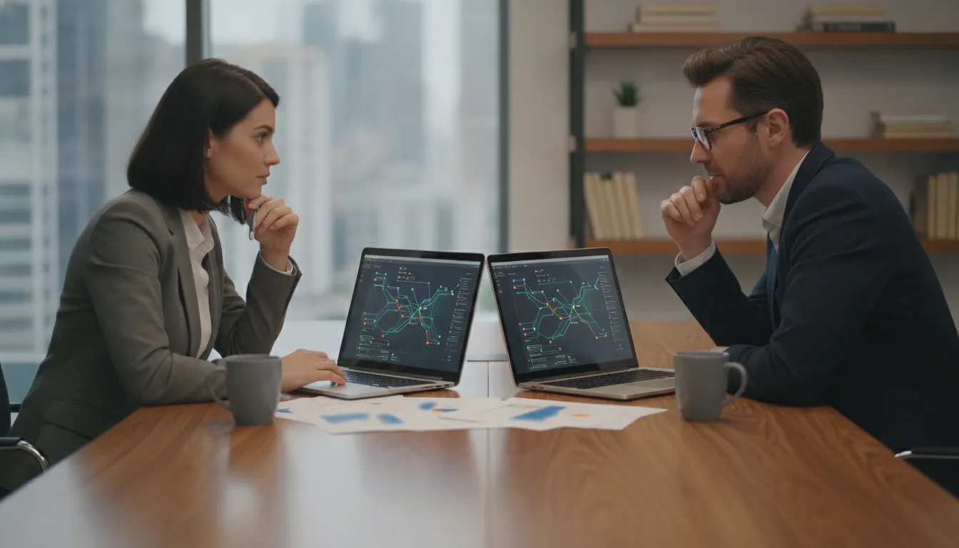 Real estate accountant and investor reviewing reconciliation reports on connected accounting dashboards