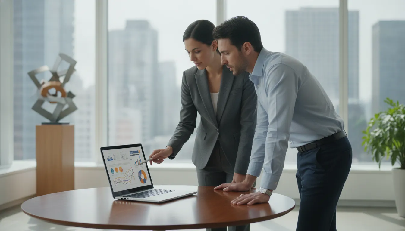Financial advisor and real estate investor reviewing portfolio cash flow in a bright office
