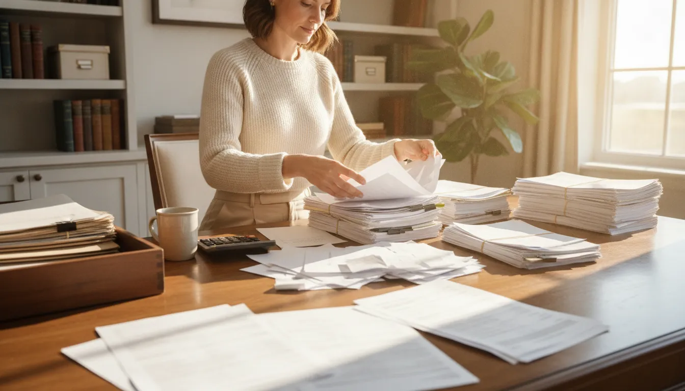 Real estate investor organizing rental property tax records and receipts at a desk