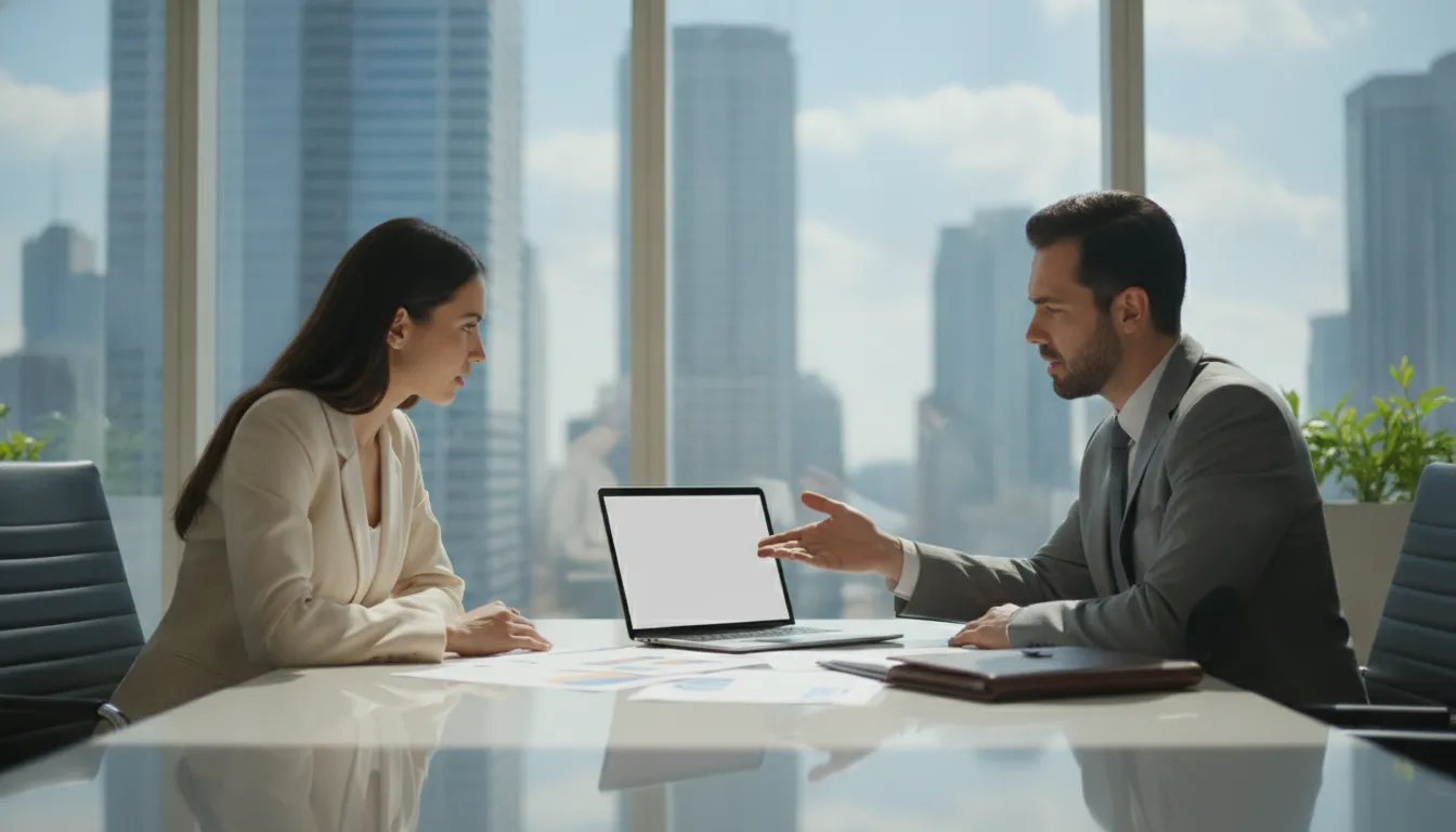 Financial advisor and real estate investor reviewing portfolio reports in a bright office