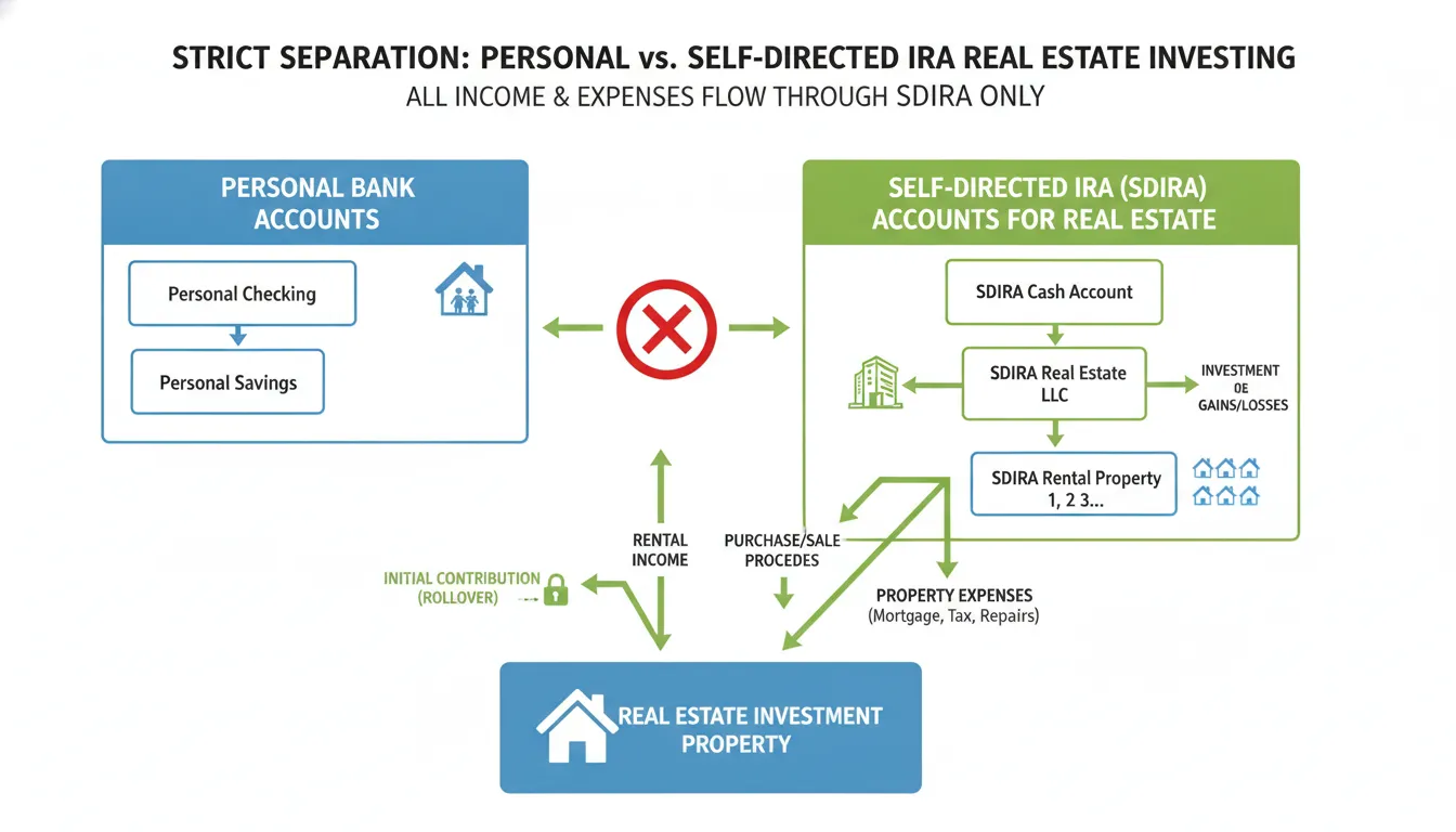 Diagram showing strict separation between personal bank accounts and Self-Directed IRA accounts for real estate investing, with arrows showing correct income and expense flow