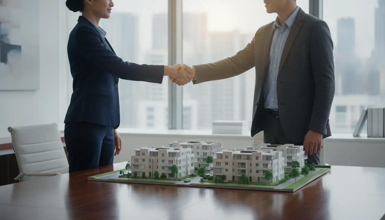 Financial advisor and real estate investor reviewing portfolio performance in a professional office