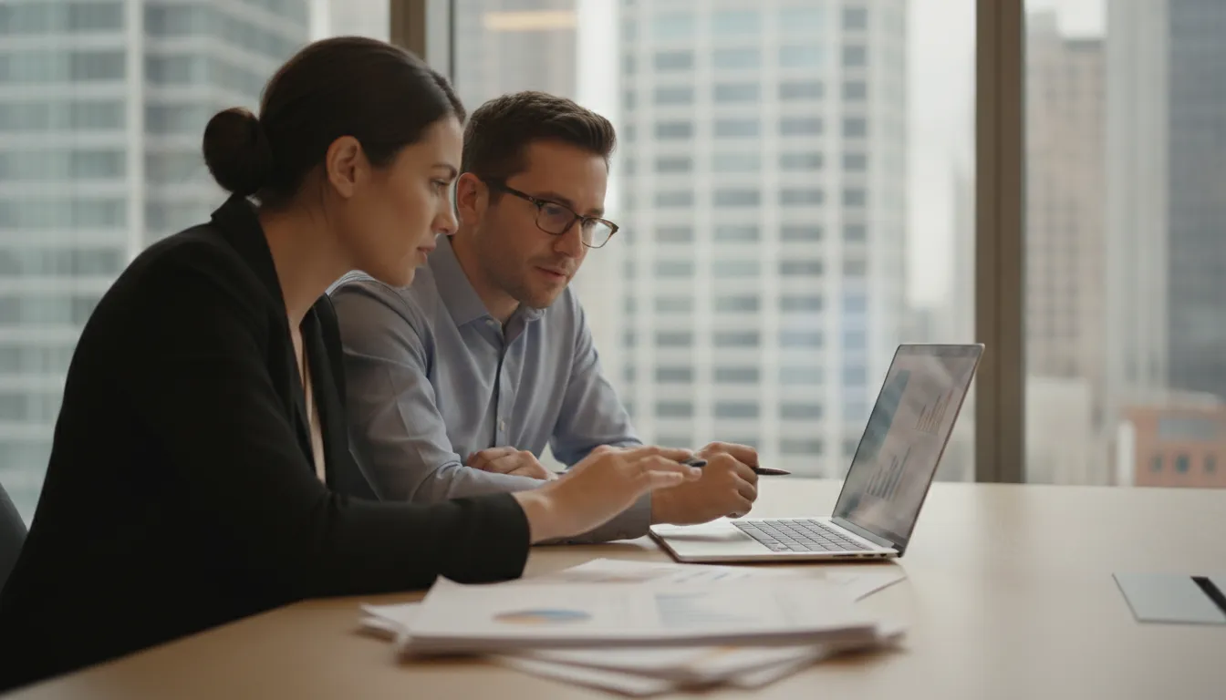 A real estate investor and a CPA advisor reviewing property portfolio performance at an office table with a city skyline in the background