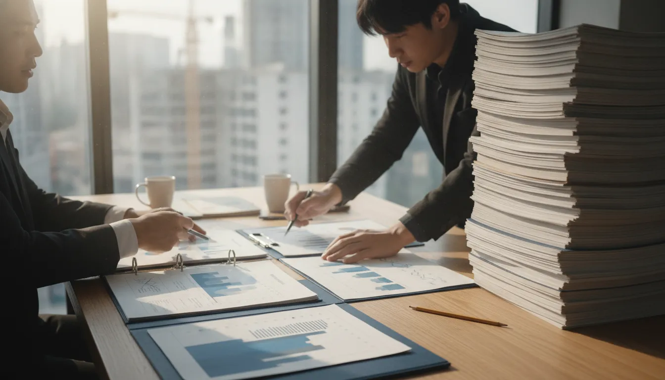 Tax professionals reviewing partnership schedules and investor documents in an office