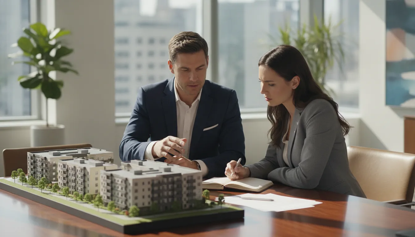 Real estate investor and financial advisor reviewing acquisition plans across an apartment portfolio