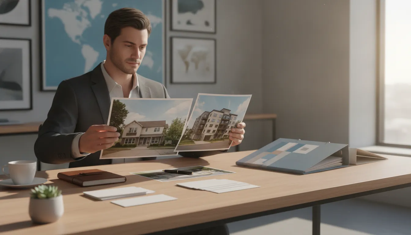 Real estate investor and advisor reviewing multi-property portfolio cash flow reports at a desk