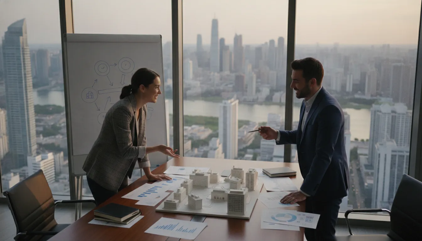 Real estate investor meeting with a fractional CFO advisor in a glass-walled office
