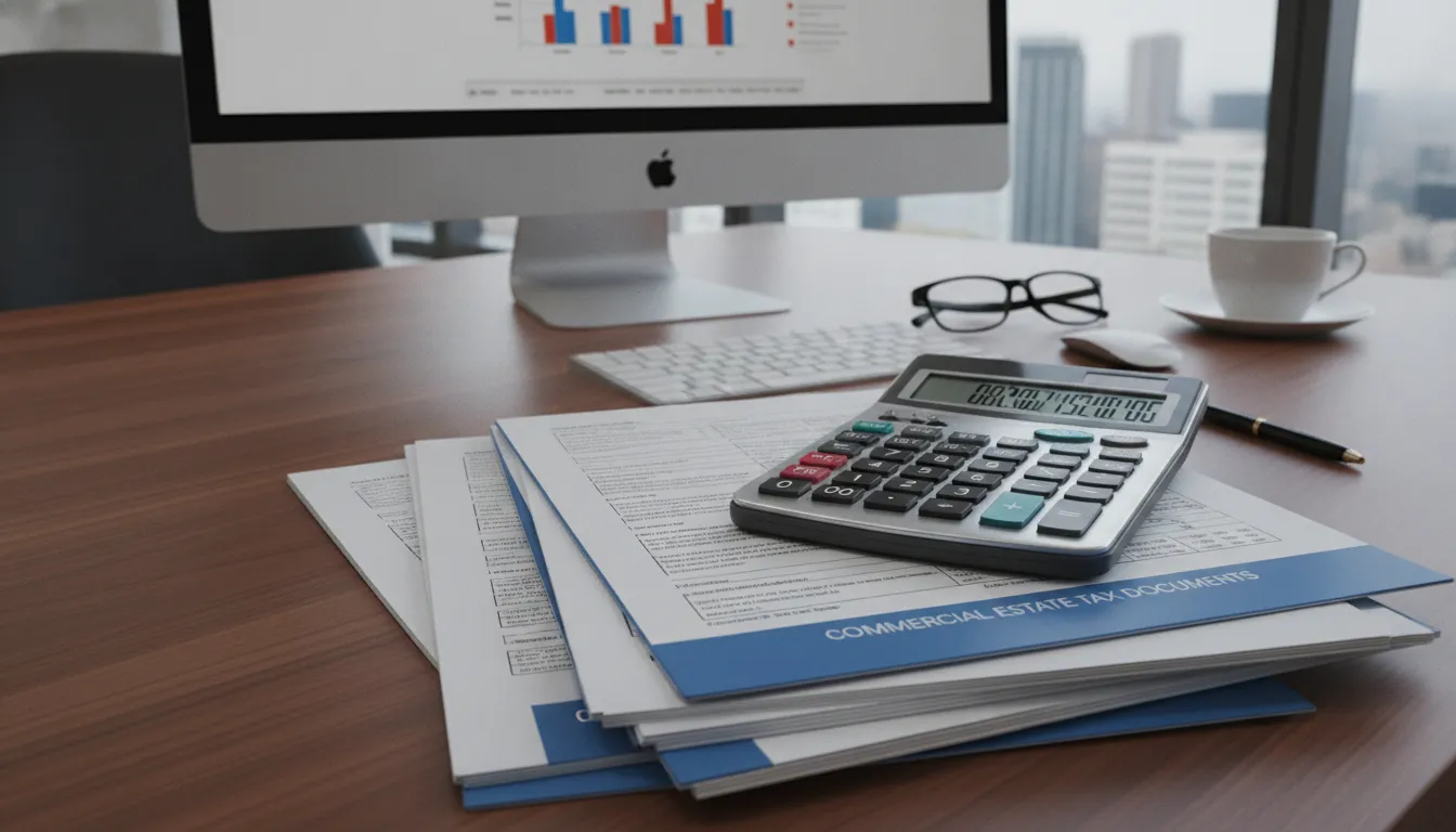 Professional real estate CPA office with calculator, ledger, and commercial real estate accounting tax documents