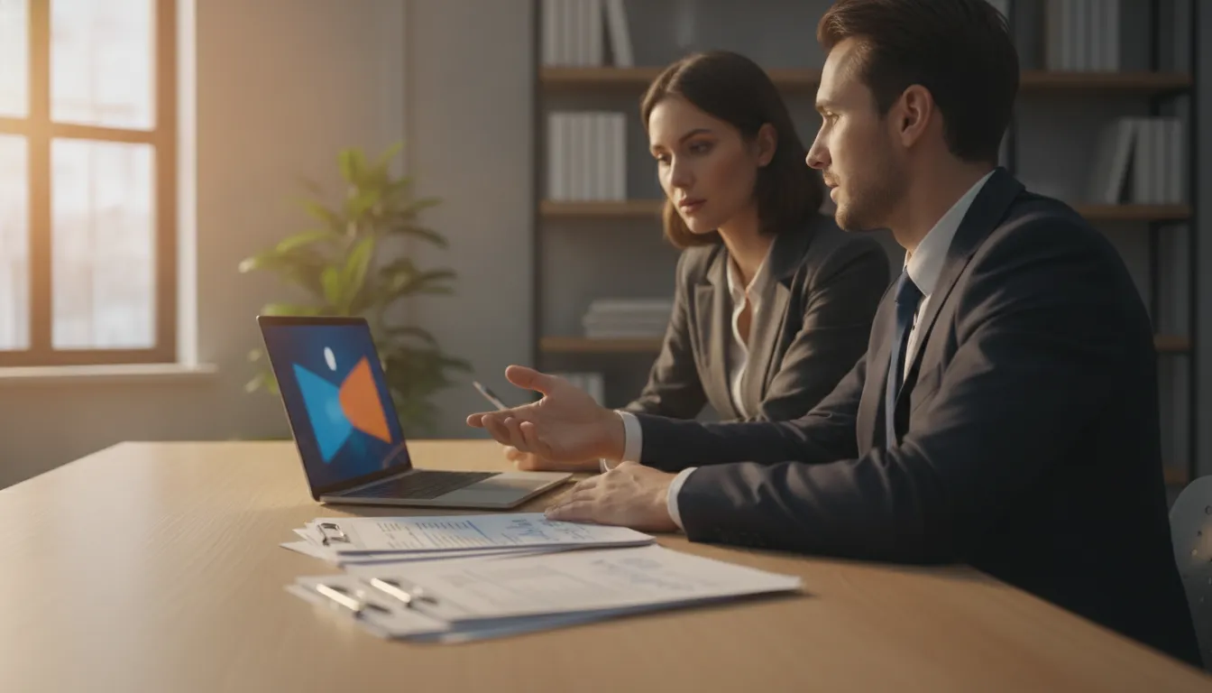 Real estate investor and financial advisor reviewing distribution waterfall details at a desk