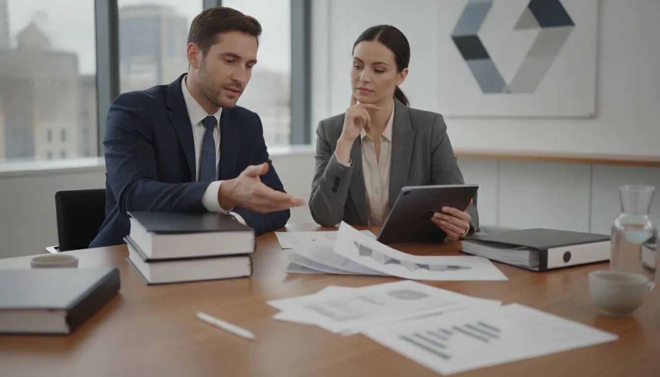 Real estate investor and CPA advisor reviewing property financial ledgers together