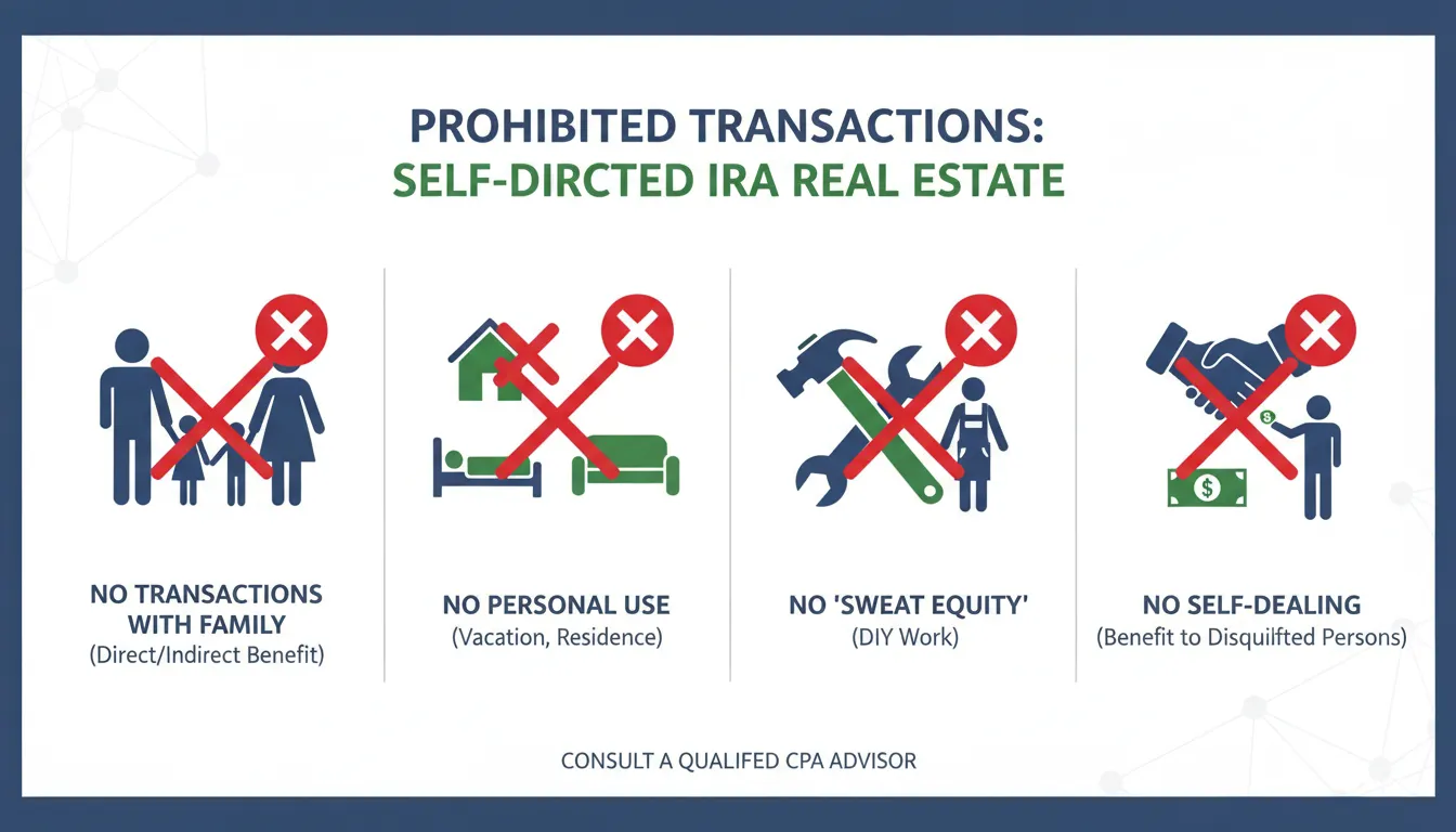 Informational illustration showing prohibited Self-Directed IRA transactions including family members and personal use activities crossed out, professional compliance advisory style