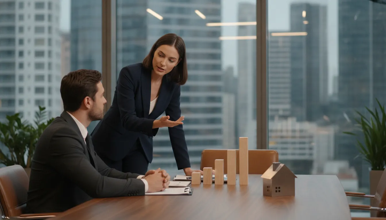 A financial advisor discussing portfolio planning with a real estate investor across a desk with a skyline window