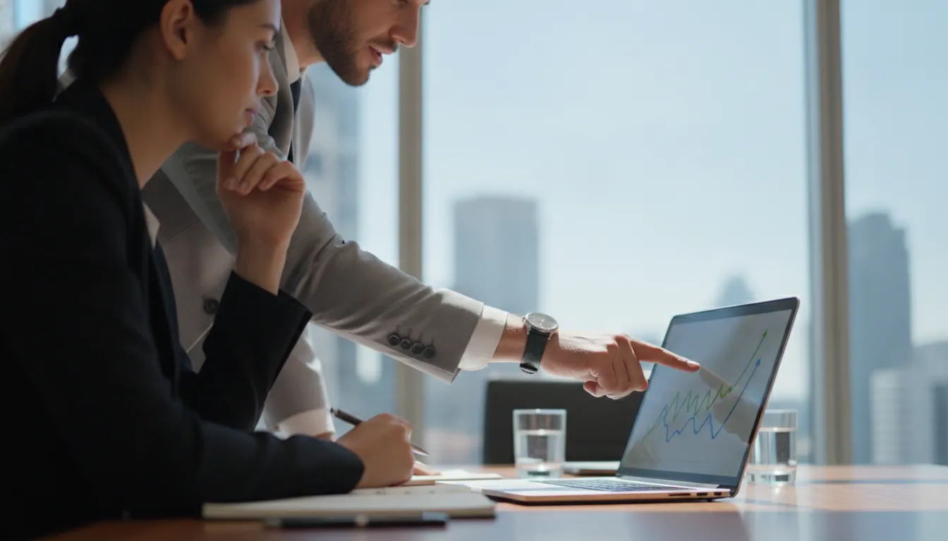Financial advisor and real estate investor reviewing portfolio growth trends on a laptop