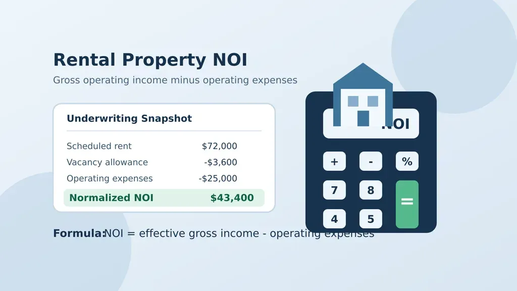 Rental property NOI underwriting worksheet showing income minus operating expenses