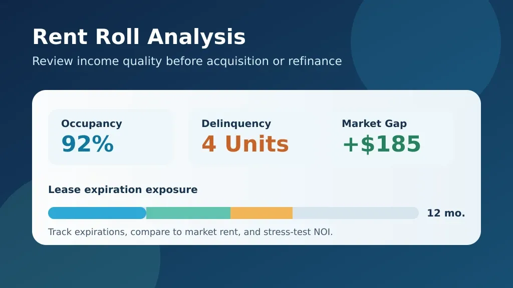 Rent roll analysis dashboard highlighting occupancy, delinquency, market rent gaps, and lease expiration exposure