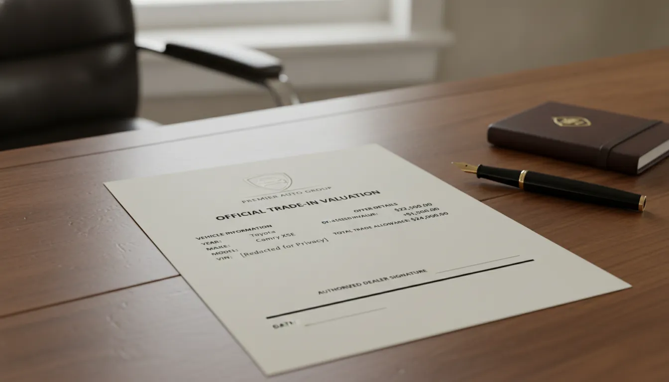 A written car dealer trade-in offer document on a desk next to a car key, showing a lower price due to accident history