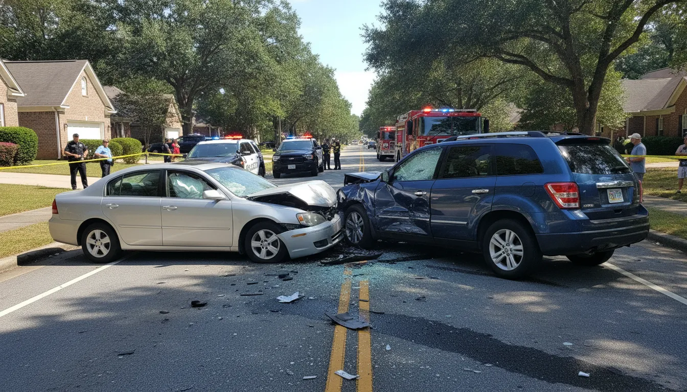Georgia car accident scene showing two damaged vehicles on a suburban road, illustrating the type of collision that leads to diminished value claims