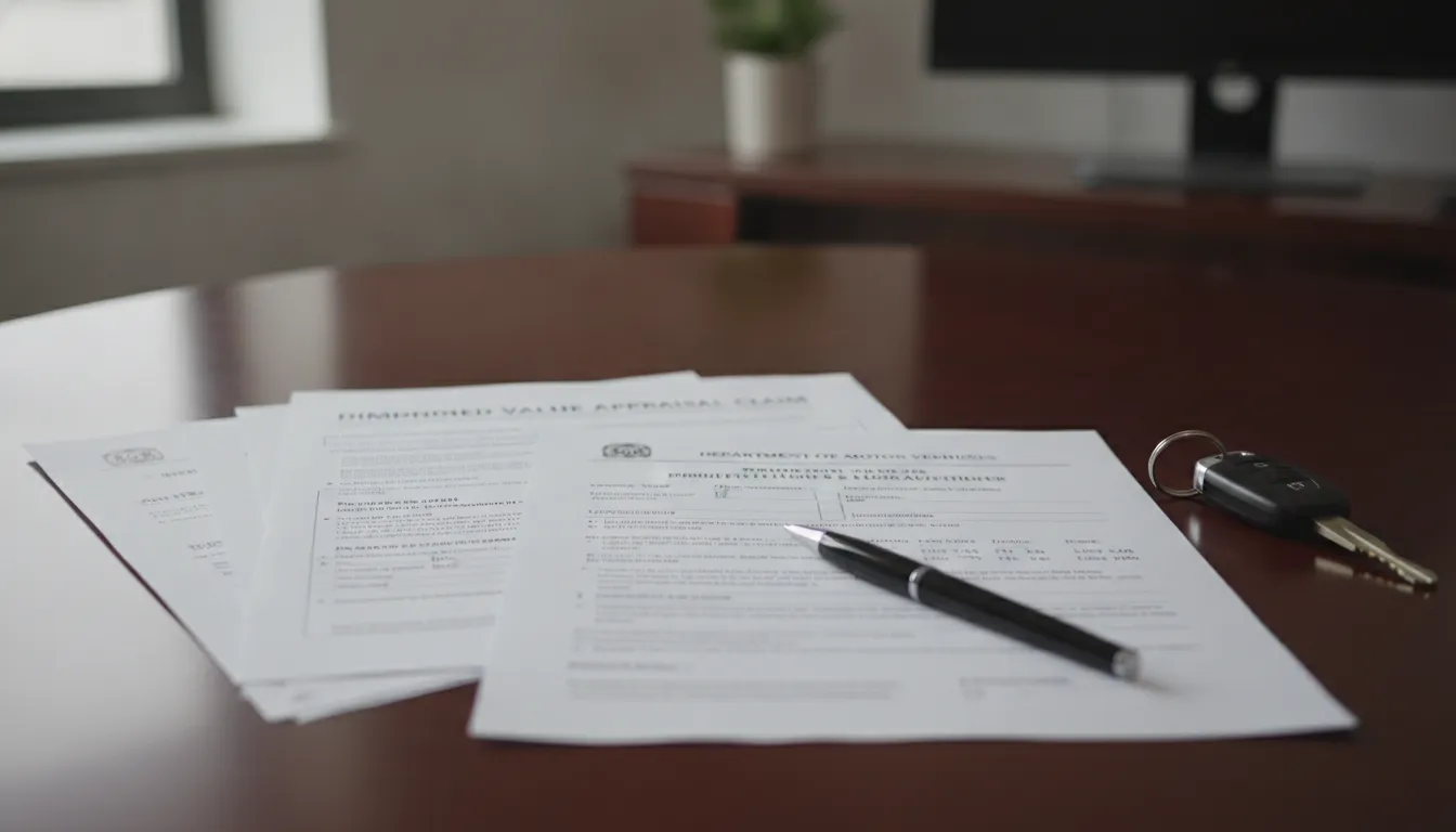 Car title document and auto loan paperwork with keys on a desk, showing vehicle financing documents relevant to diminished value claims