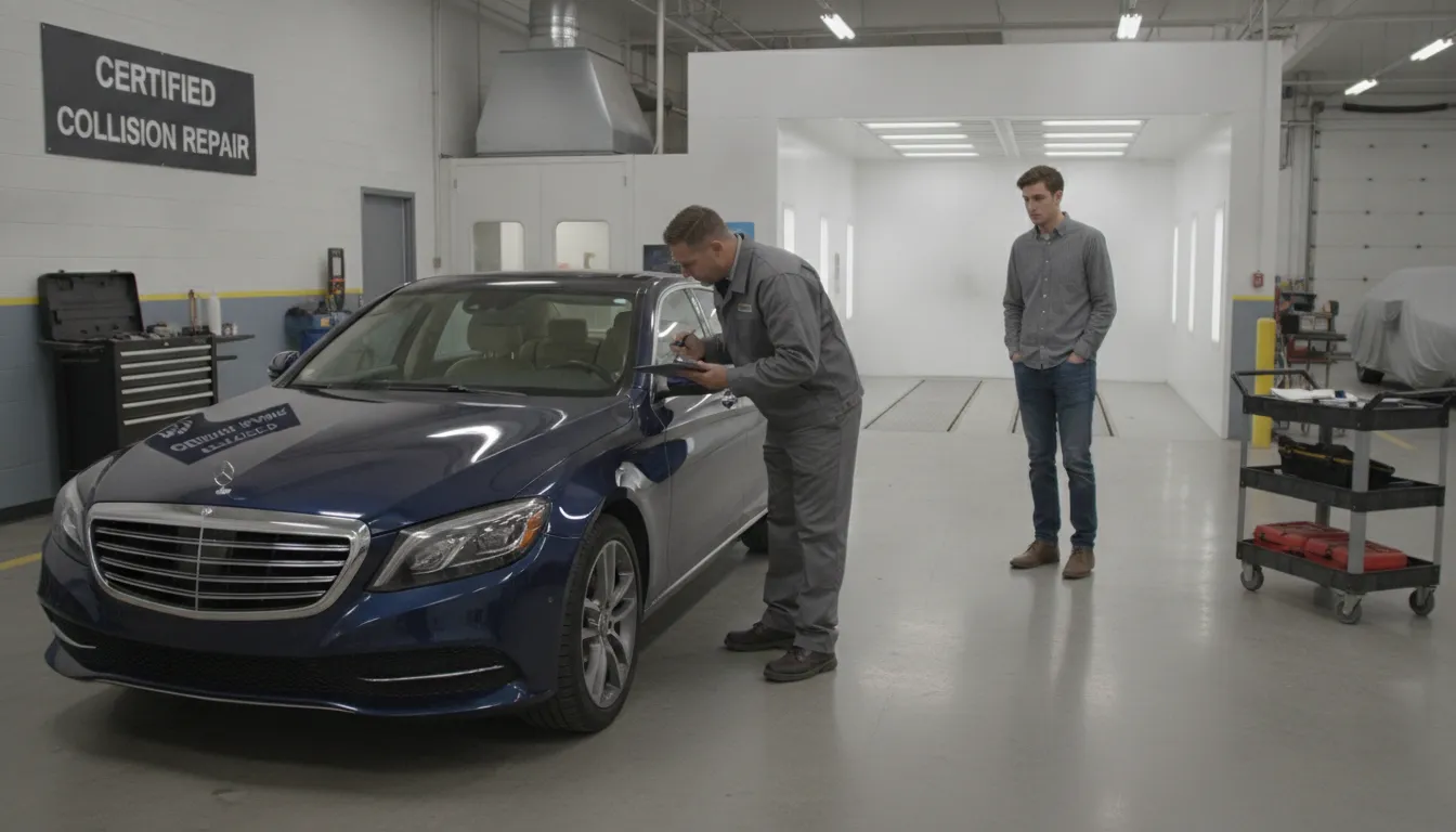 Independent appraiser inspecting a repaired sedan for diminished value evidence