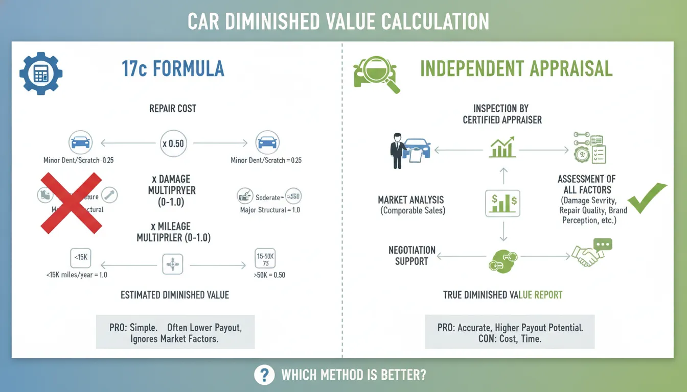 Legal comparison chart showing insurance formula versus independent appraisal methods for car diminished value calculation