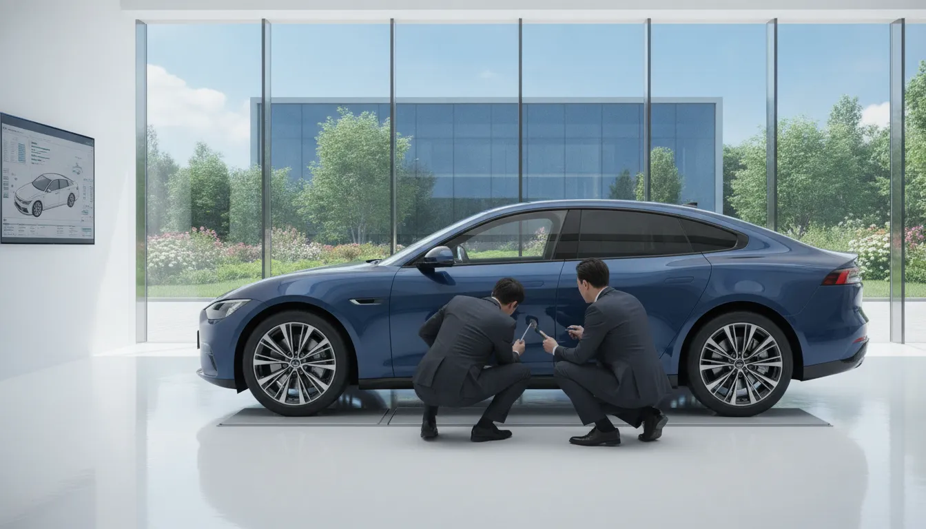 Professional inspecting a repaired vehicle for diminished value