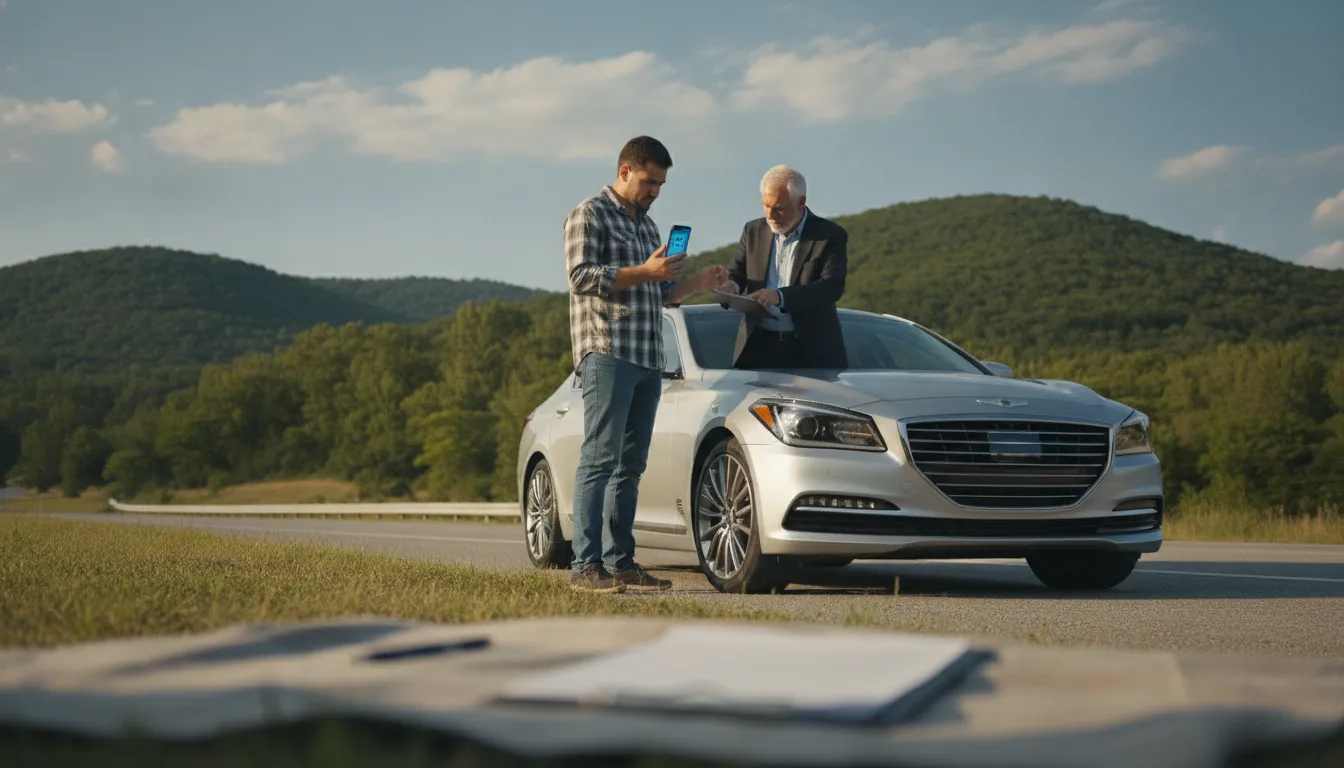 Georgia driver and appraiser reviewing a repaired vehicle for a diminished value claim
