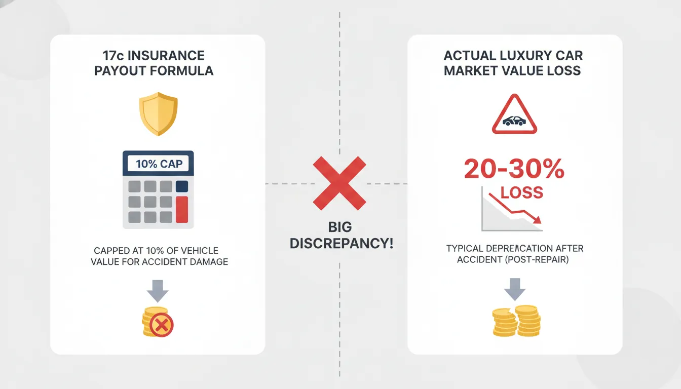 Infographic comparing 17c insurance formula cap versus actual luxury car market value loss