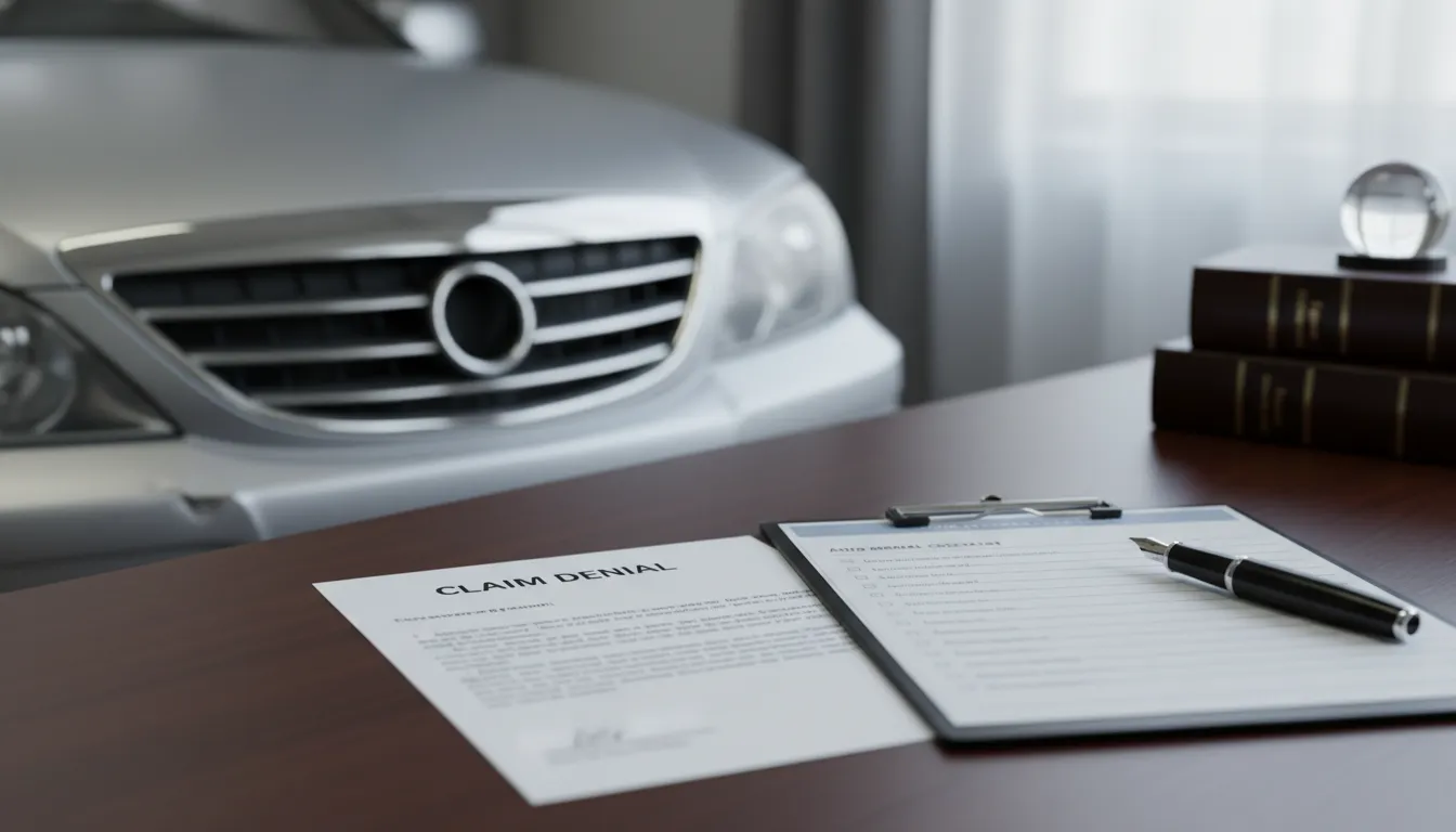 Diminished value claim denial documents on a legal review desk