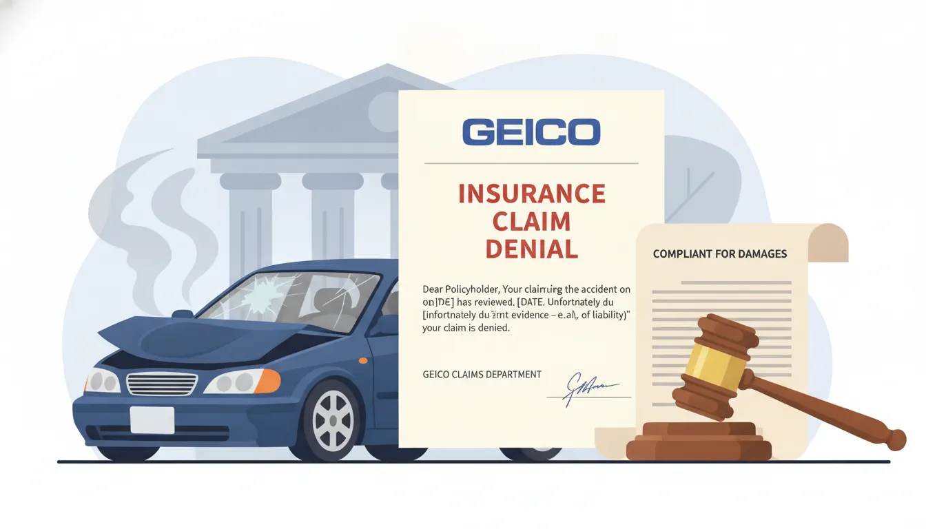 Geico insurance denial letter on a desk next to car keys and a Georgia accident report