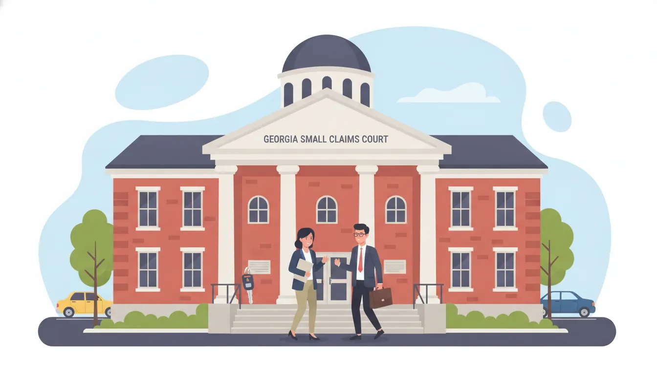 Georgia small claims courthouse exterior with a car owner holding claim documents