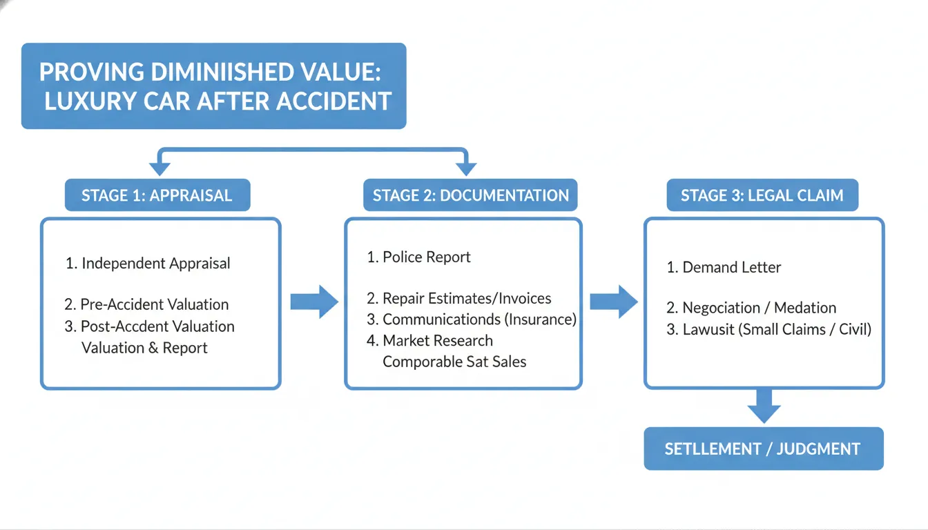 Flowchart showing the seven-step process for filing a luxury car diminished value claim