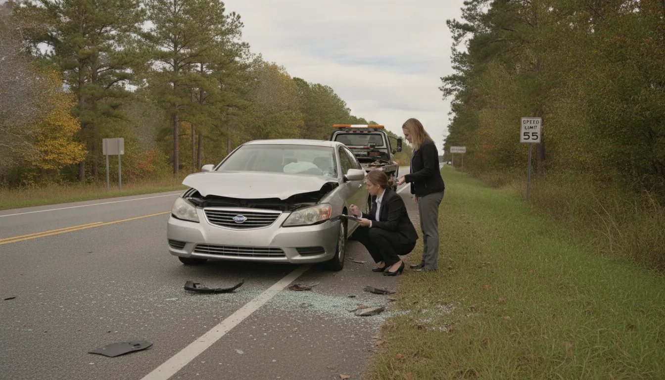 Insurance adjuster assessing a damaged vehicle at a Georgia body shop