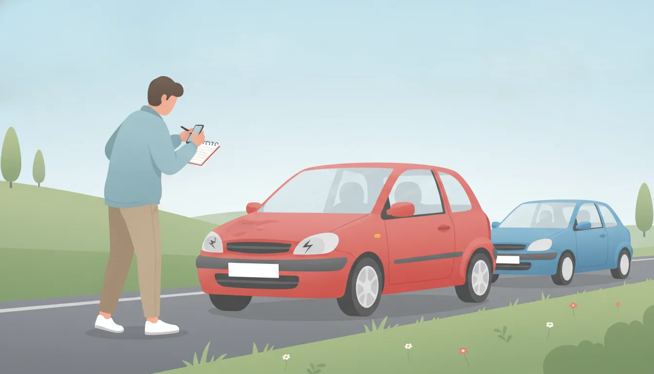 Driver documenting a damaged car at the roadside after an accident