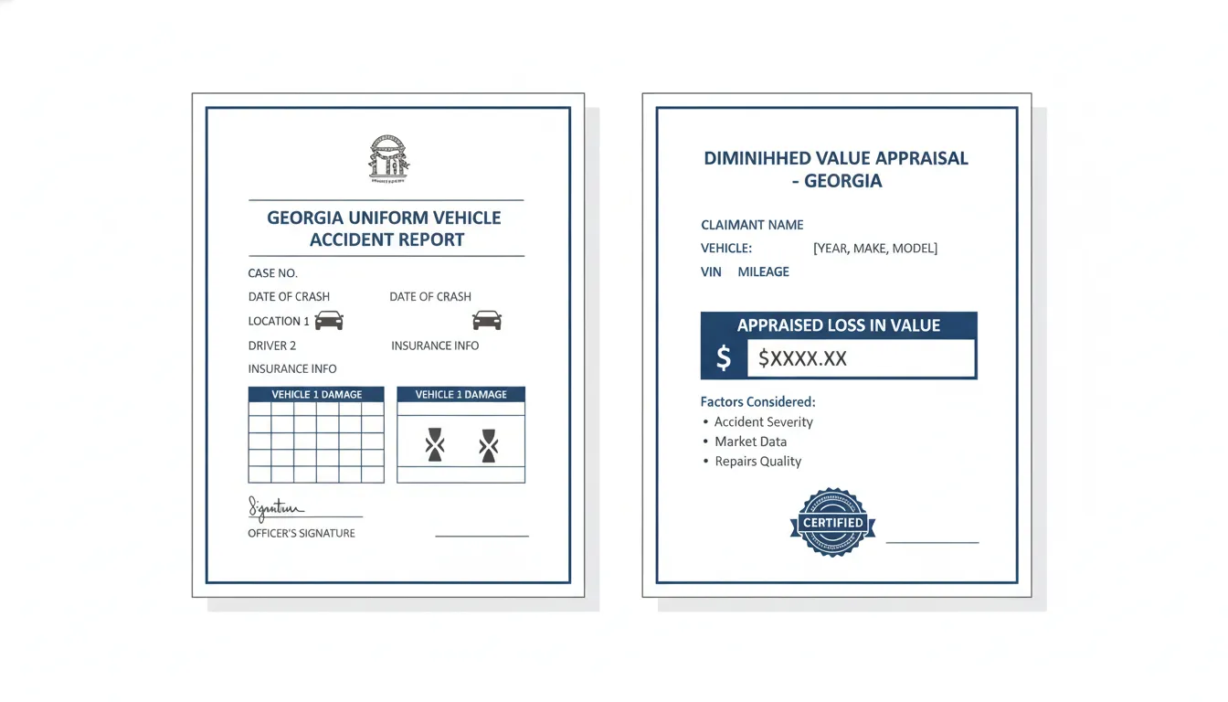 Georgia car owner reviewing a State Farm diminished value estimate alongside an independent appraisal document