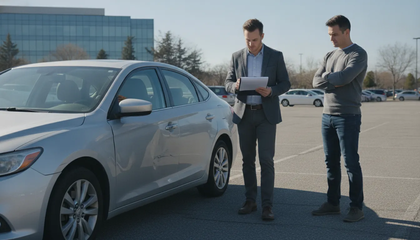 Independent auto appraiser inspecting a damaged sedan to determine actual cash value
