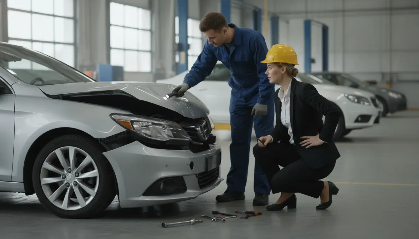 Claims professional and mechanic examining front-end damage during a total-loss inspection