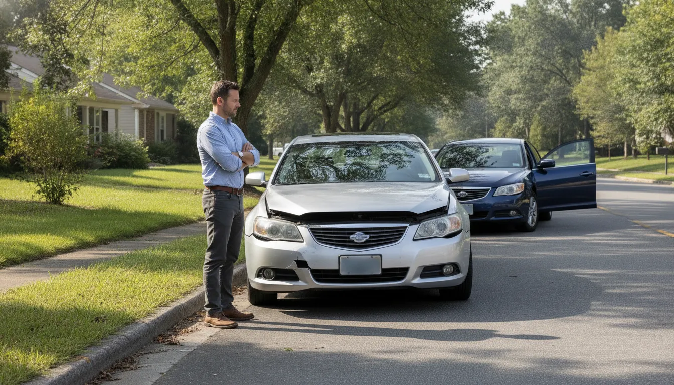 Georgia driver standing beside a damaged sedan and a comparable rental car after an accident
