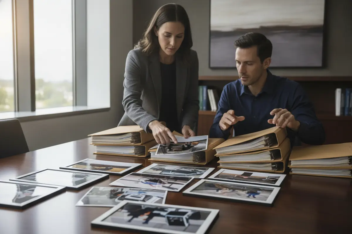 Attorney and client organizing incident photographs and documents during a case review