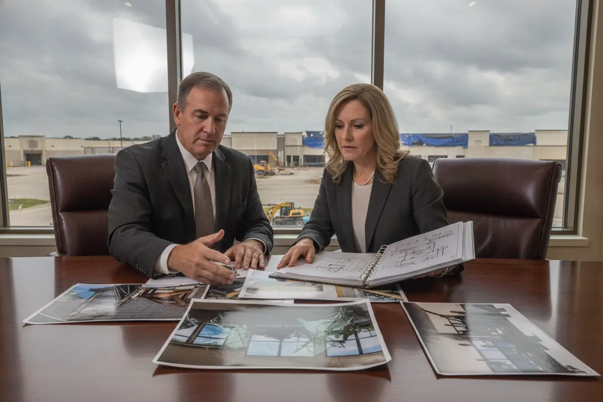 Attorney and commercial property owner examining building damage and insurance repair scope