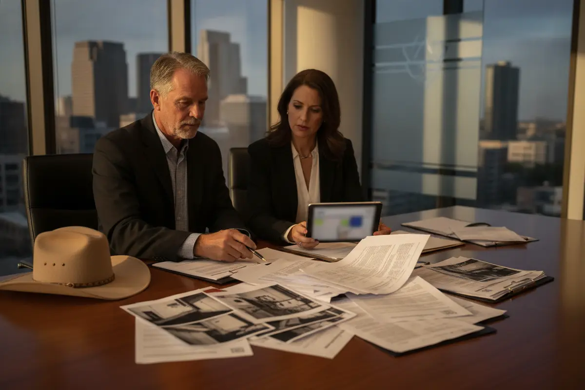 Attorney and Texas commercial property owner organizing a denied insurance claim file