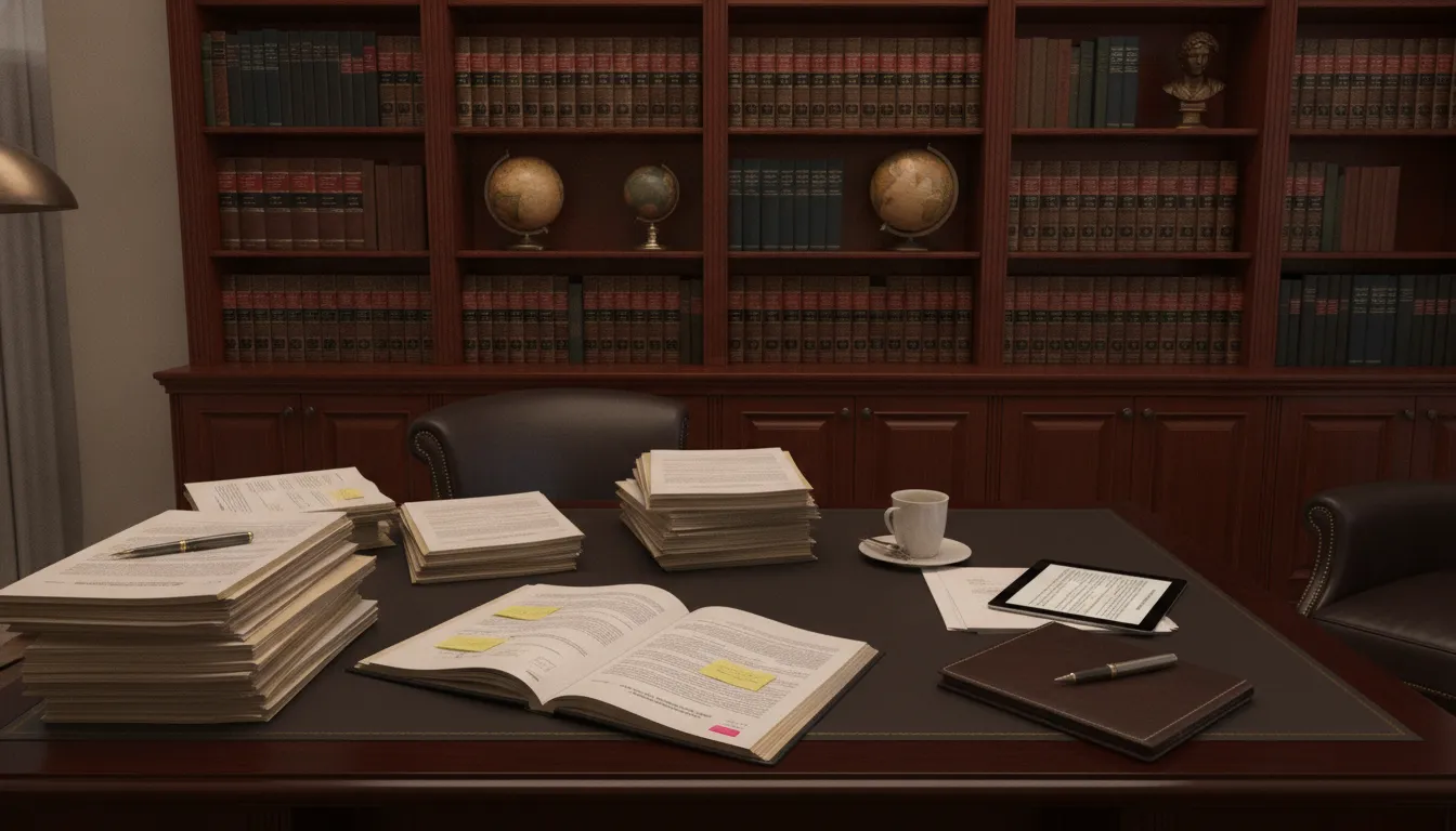Attorney reviewing insurance policy documents at a law office desk in Texas