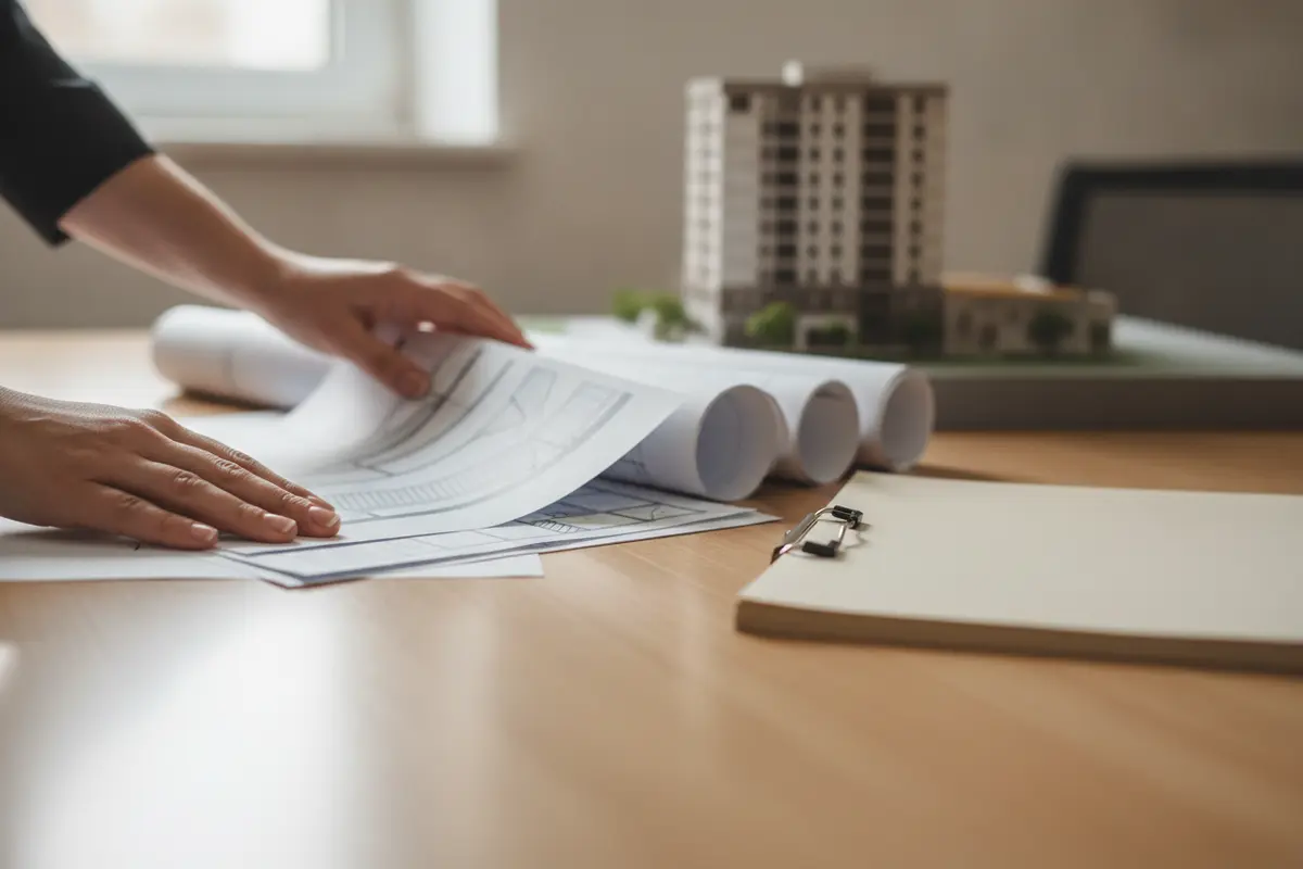 Building plans, code notice, and claim records arranged for review