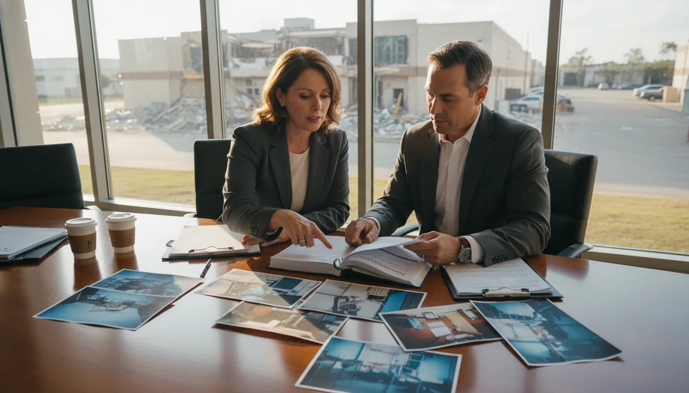 Commercial property owner discussing when to hire a property insurance lawyer