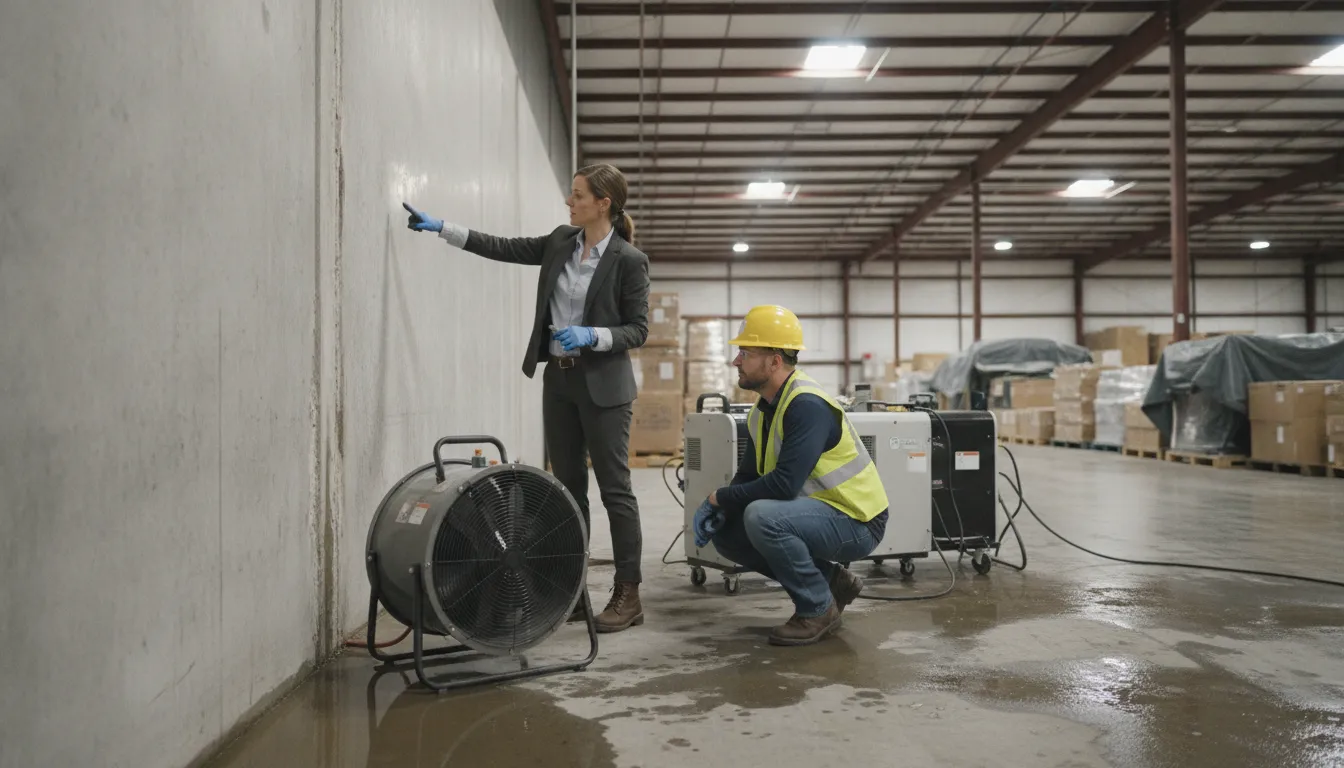 Texas commercial property manager reviewing water intrusion with a building engineer